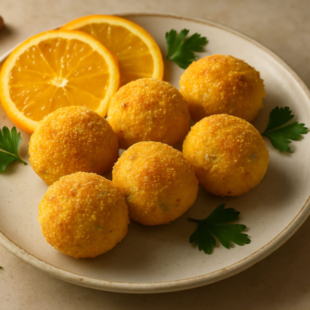 Sweet Fish Dill Bites served on a plate with golden cornmeal coating, garnished with fresh orange slices for a vibrant touch.
