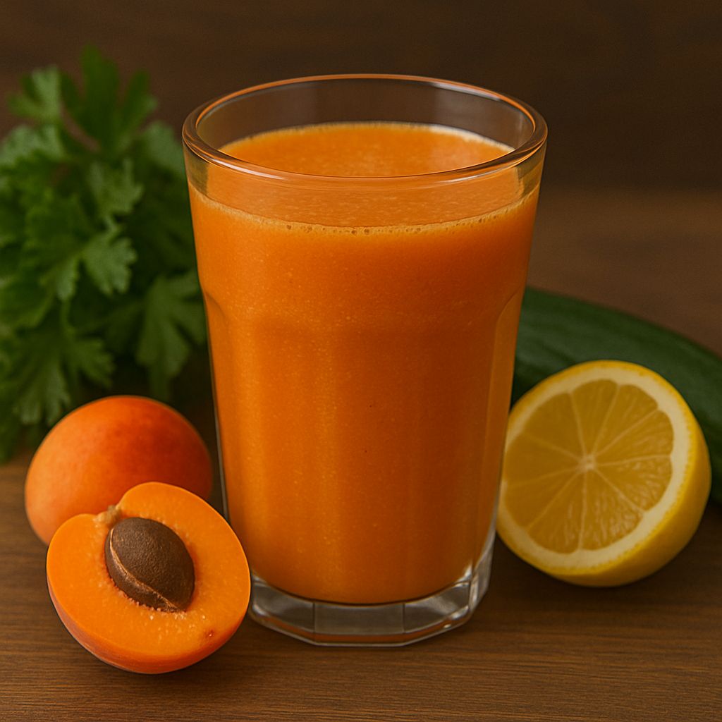 A glass of apricot lemon cucumber juice with fresh apricot, lemon slice, cucumber, and parsley on a wooden surface.