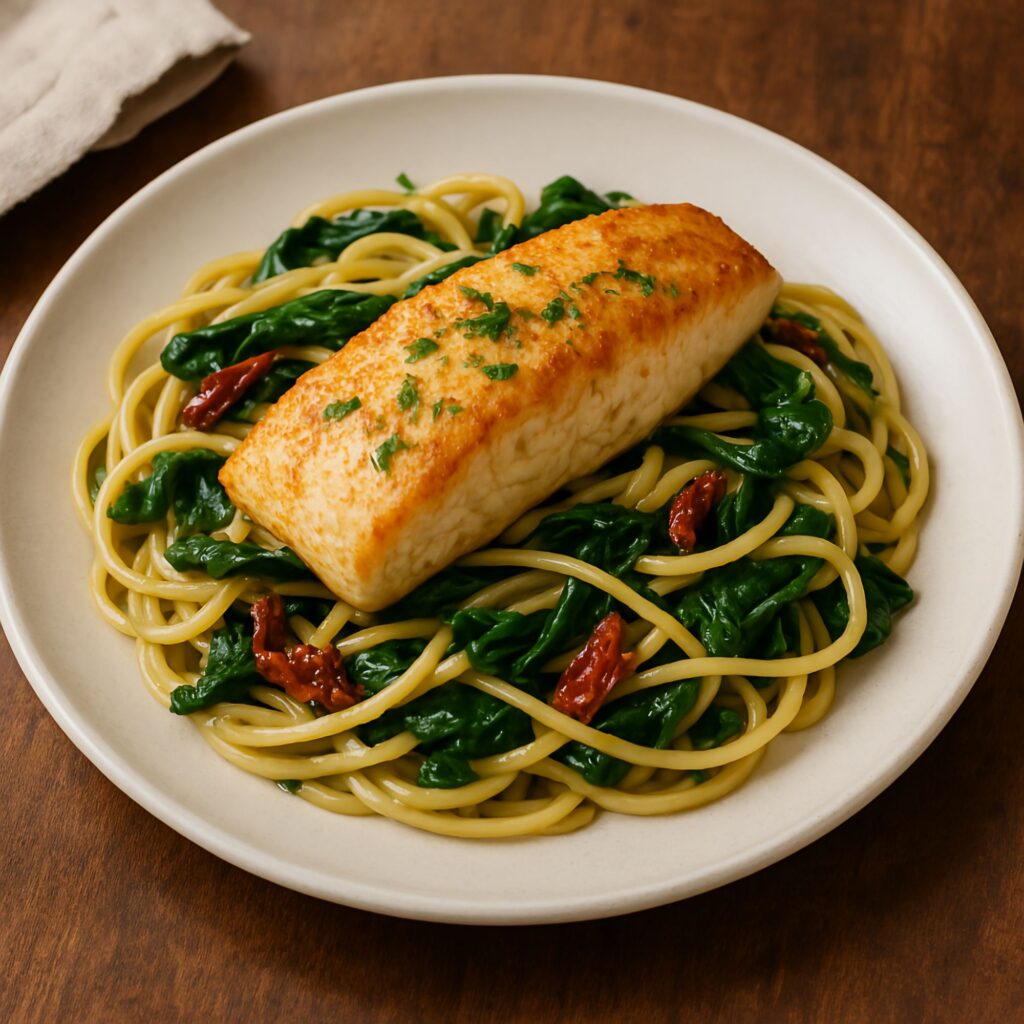 Seared Fish Fillet with Pasta and Greens served with sun-dried tomatoes on a white ceramic plate.