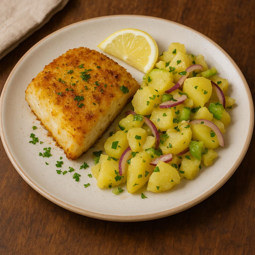Baked Fish with Potato Salad and Lemon served with red onion and chopped parsley on a ceramic plate.
