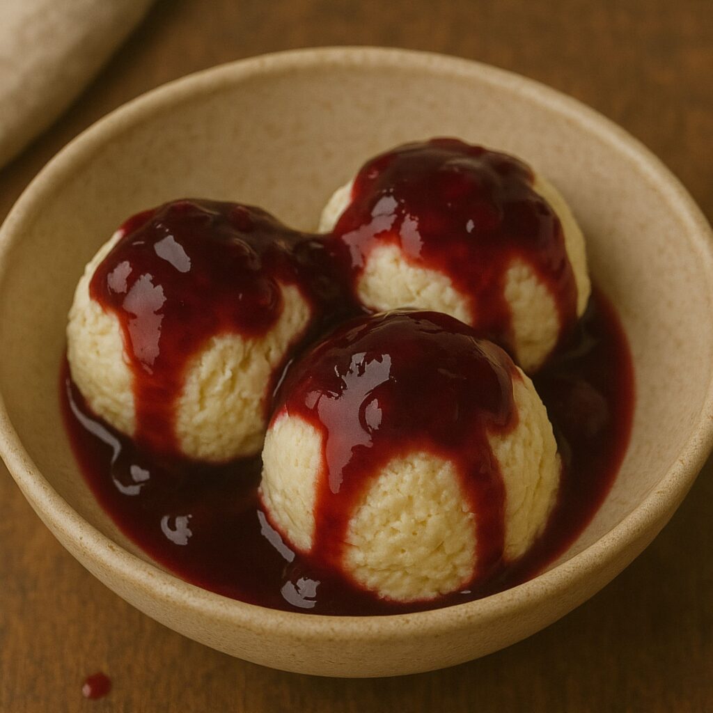 Three scoops of Cherry Velvet Ice Cream served in a rustic beige bowl, topped with glossy cherry preserve syrup.