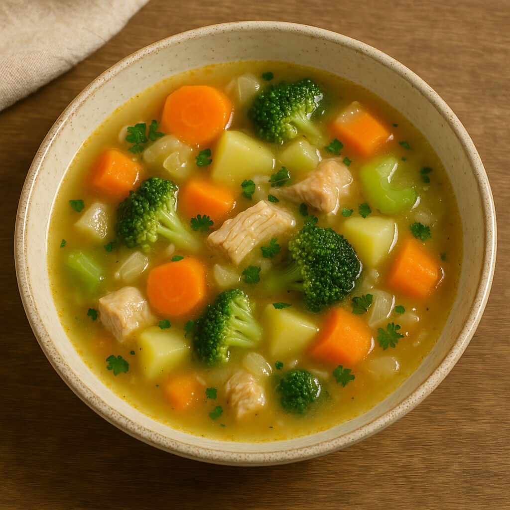 Turkey Broccoli Root Soup served in a ceramic bowl with tender turkey pieces, vibrant broccoli, carrots, potatoes, and herbs.