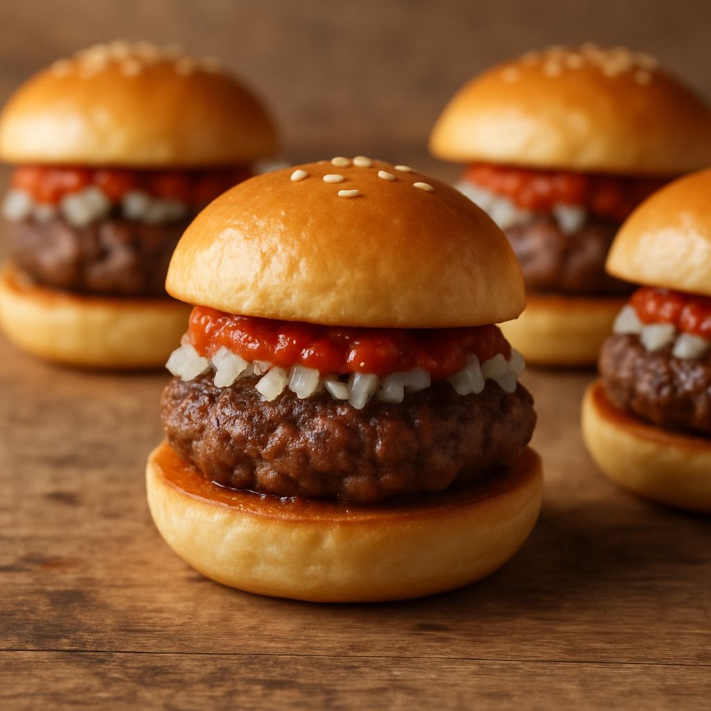 Mini beef burger with ajvar, soft mini buns, juicy beef patty, and finely chopped onion.