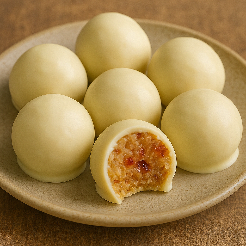 Hand-shaped truffles with biscuit and jam filling, coated in smooth white chocolate, served on a ceramic plate.