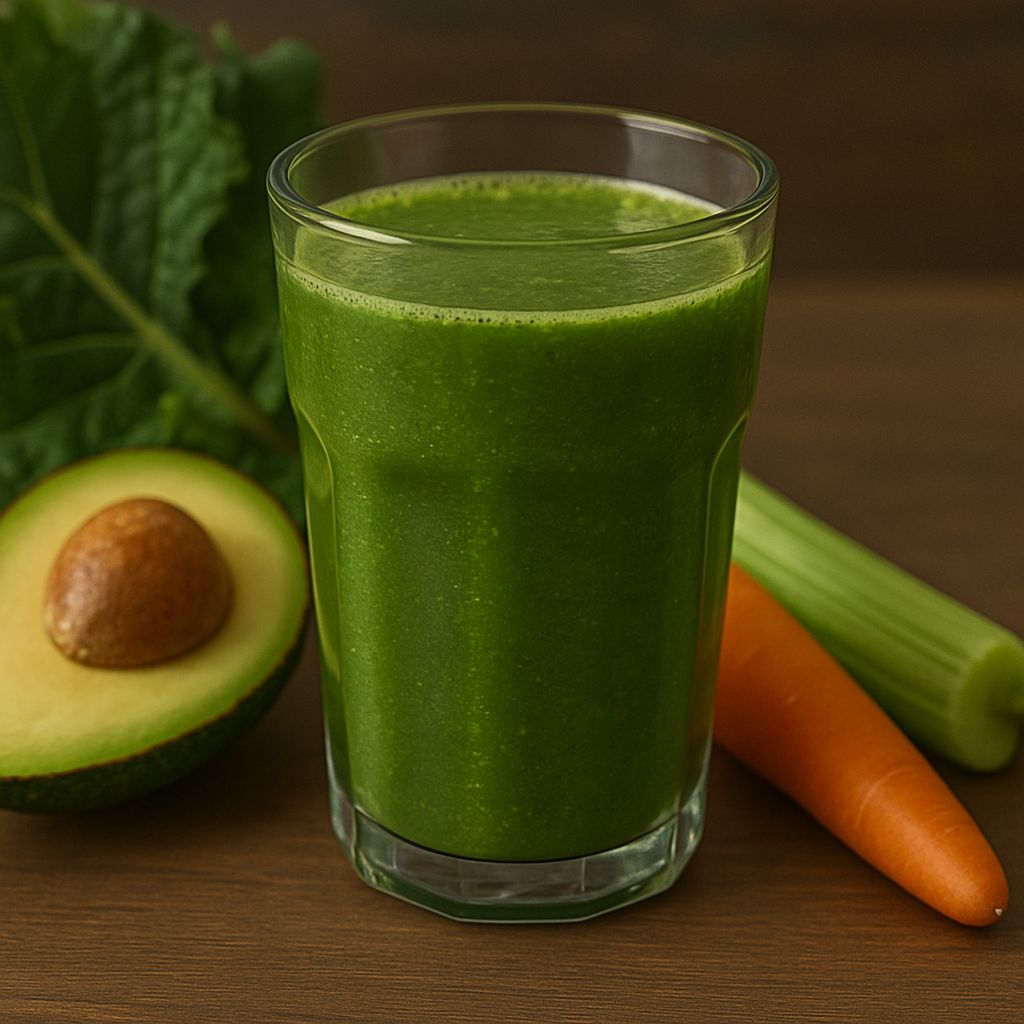 A glass of avocado kale carrot juice with fresh avocado, kale leaves, and carrot arranged on a wooden surface.