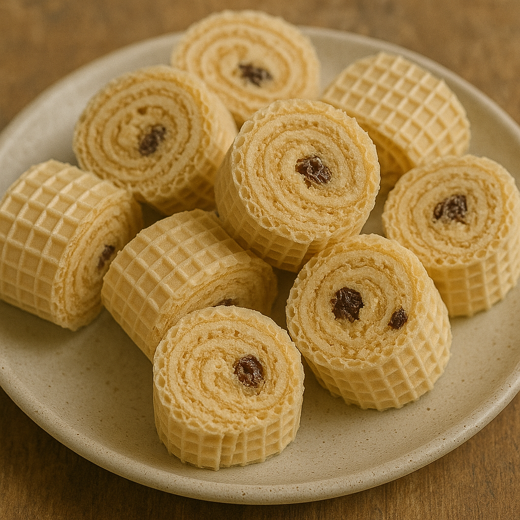 Wafer rolls filled with biscuit cream and raisins, sliced into spirals and arranged on a ceramic plate.