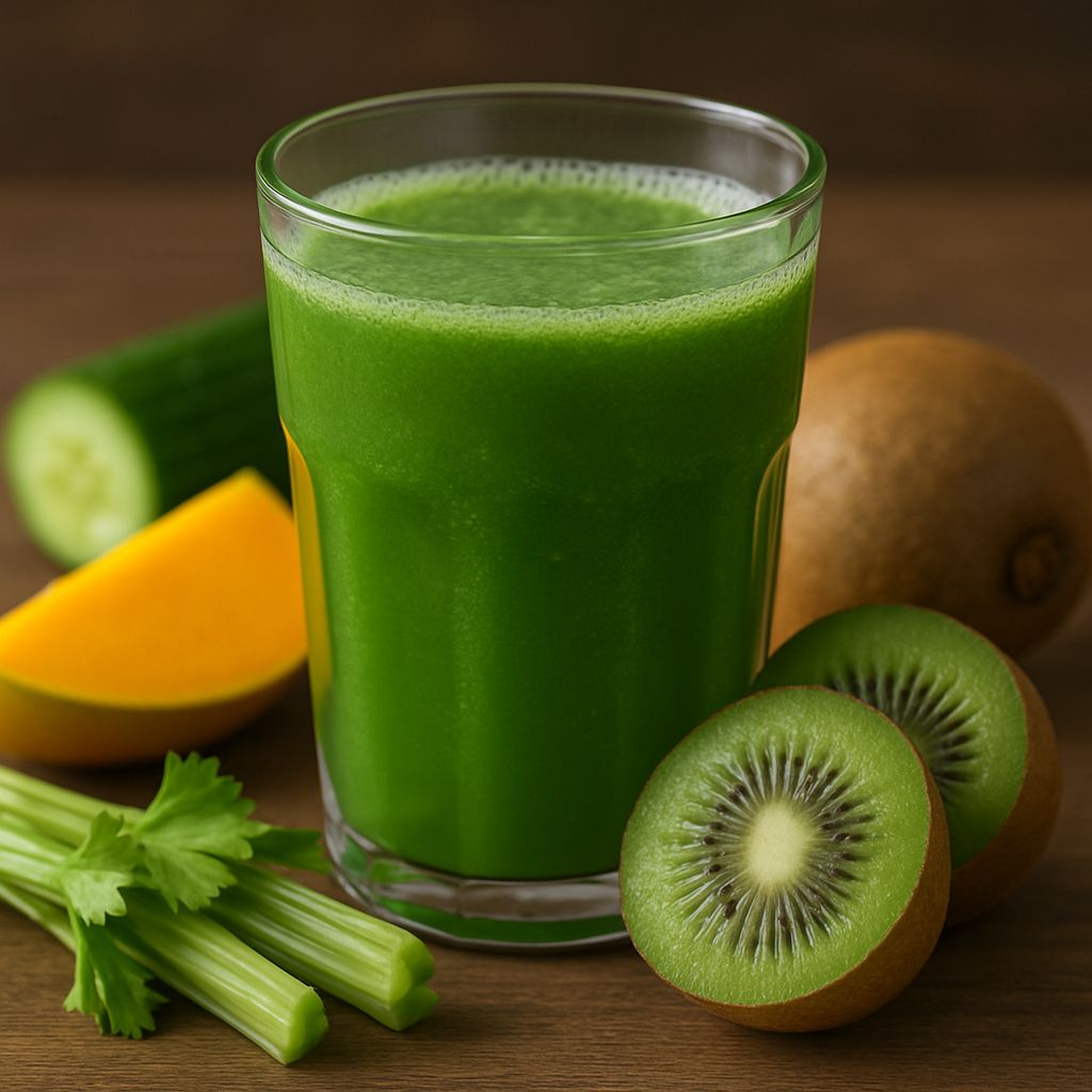 A glass of green juice made with kiwi, mango, celery, and cucumber, surrounded by fresh ingredients on a wooden surface.