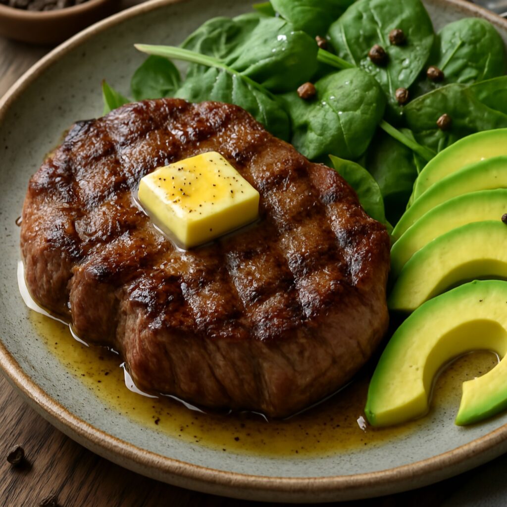 Grilled beef steak with melting butter, sliced avocado, and baby spinach on a rustic ceramic plate.