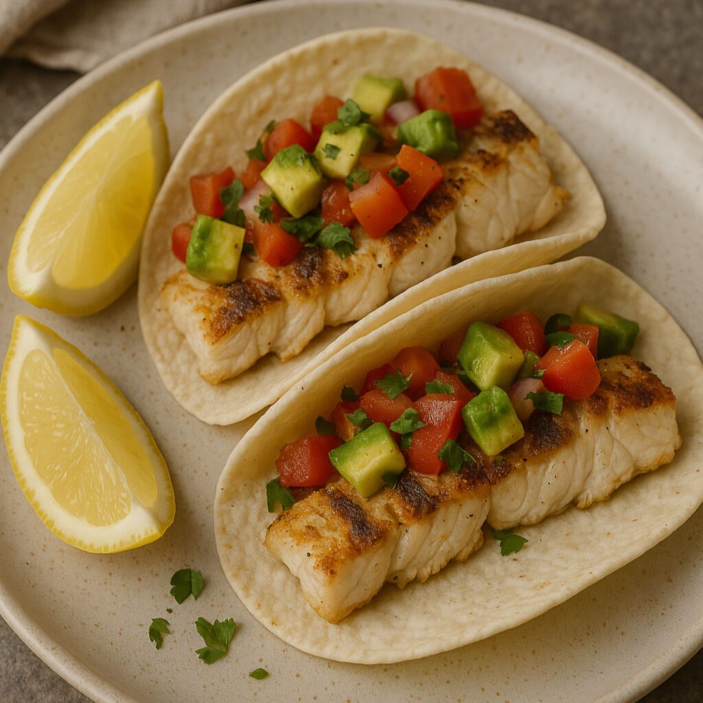 Fish Tacos with Avocado and Salsa served in soft tortillas with fresh lemon wedges on a ceramic plate.