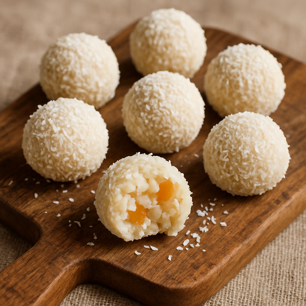 Hand-rolled coconut rice balls with dried apricot pieces, arranged on a rustic wooden board.