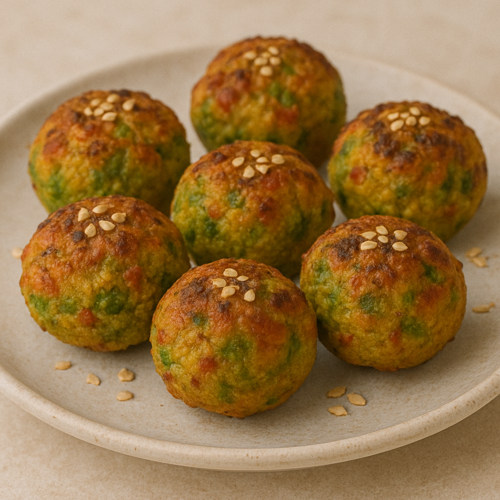 Golden-brown pea and cheese bites topped with sesame seeds, arranged on a ceramic plate.
