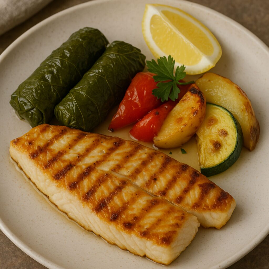 Grilled Fish with Stuffed Grape Leaves served with roasted vegetables and lemon on a ceramic plate.