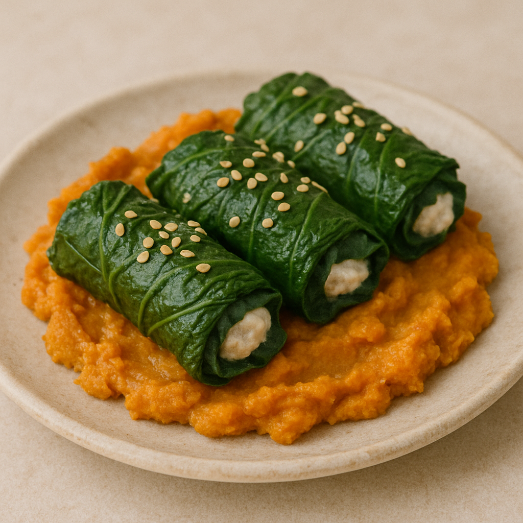 Delicious Chard Rolls with Sweet Potato base, garnished with sesame seeds for a light and colorful presentation.