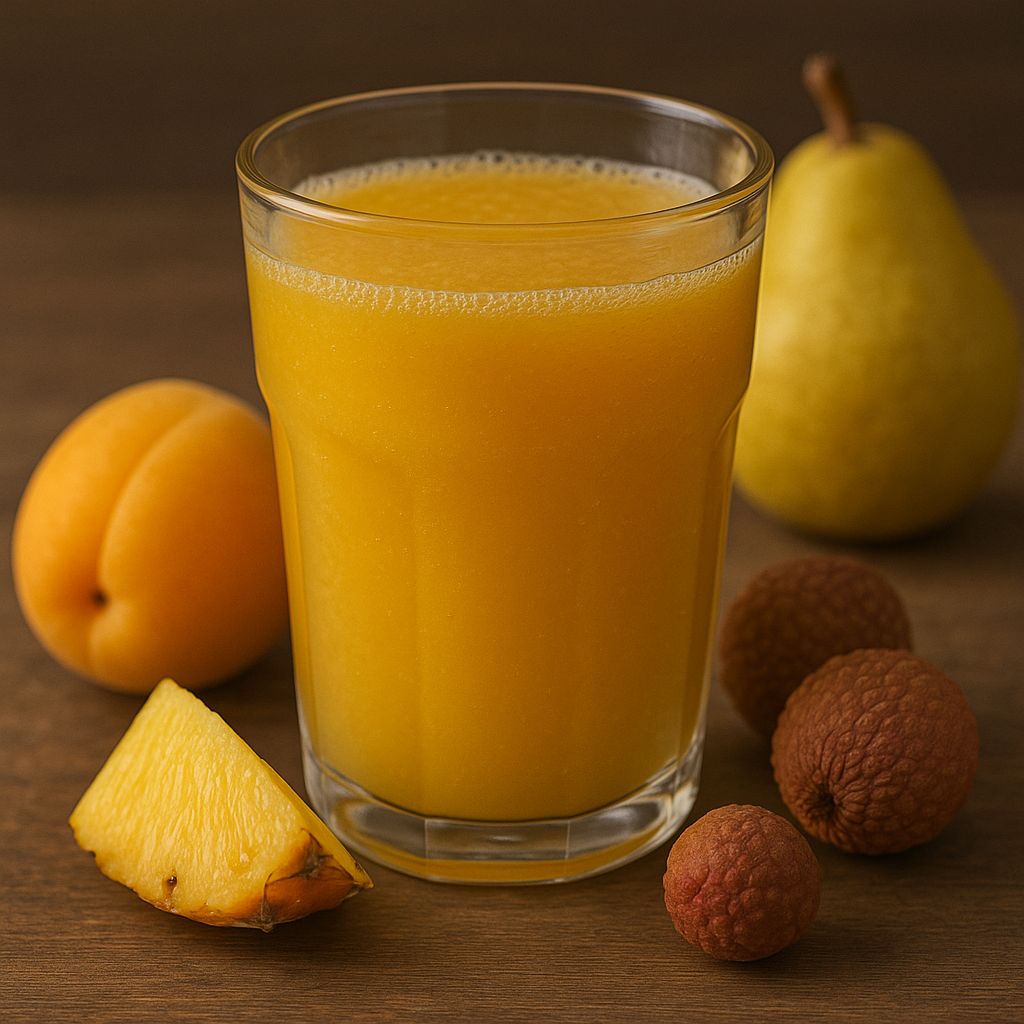 A glass of apricot pineapple lychee juice surrounded by fresh apricots, pineapple slice, and peeled lychees on a wooden surface.