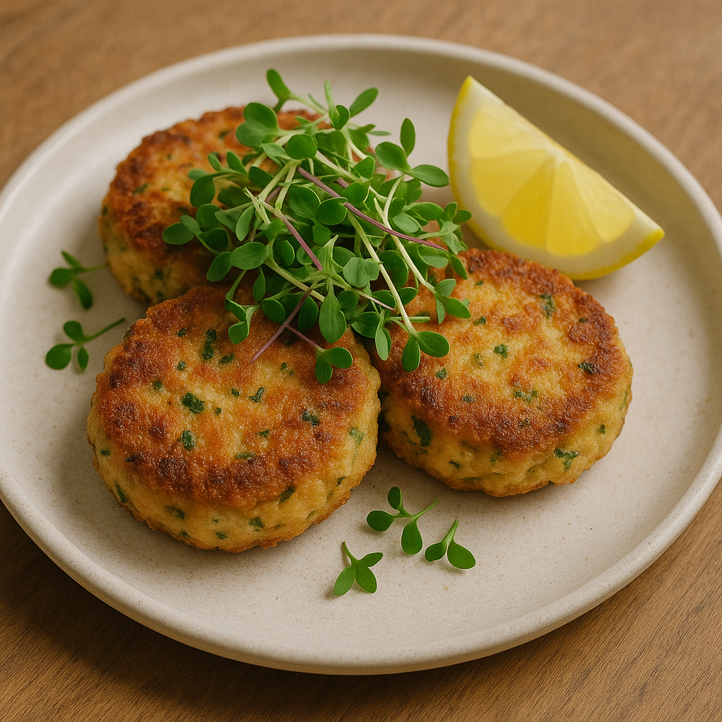 Crispy salmon cakes served on a ceramic plate, garnished with fresh microgreens and a lemon wedge on the side.
