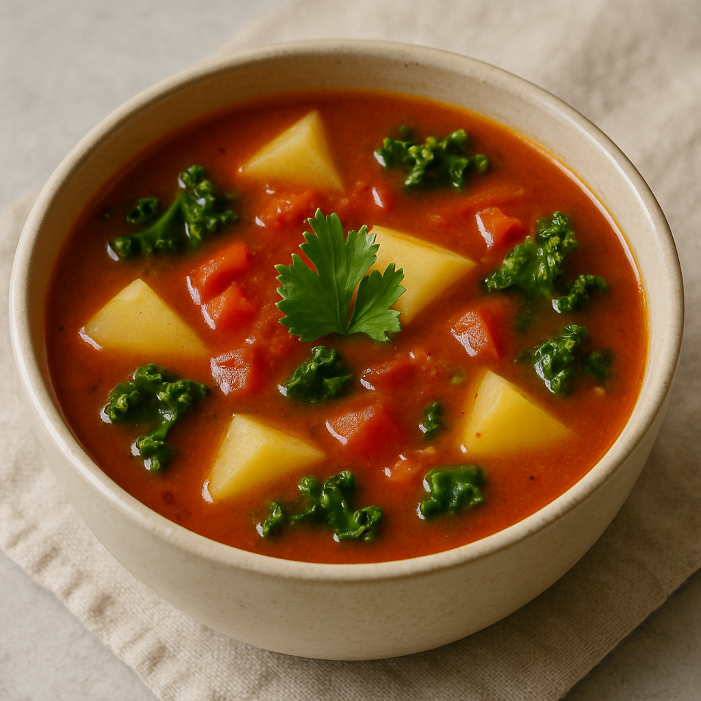 A bowl of tomato potato kale soup with chopped potatoes, diced tomatoes, and green kale in a rich red broth.