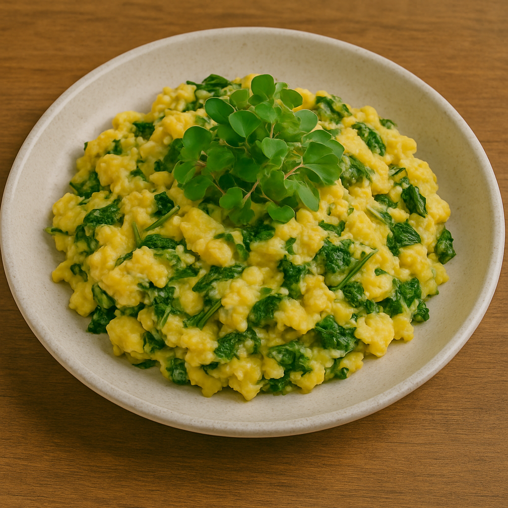 Scrambled eggs with grated zucchini, chopped Swiss chard, and a topping of fresh microgreens on a ceramic plate.