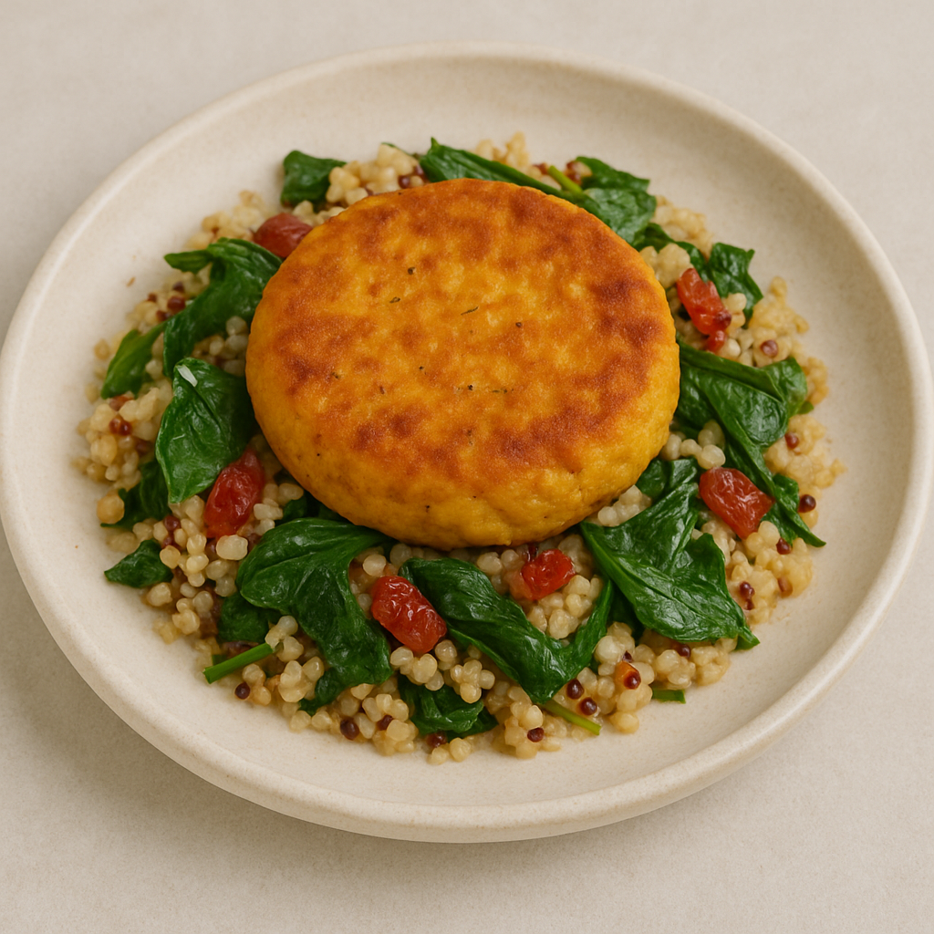 Golden chickpea patty served on pearl couscous with spinach and sun-dried tomatoes on a white ceramic plate.