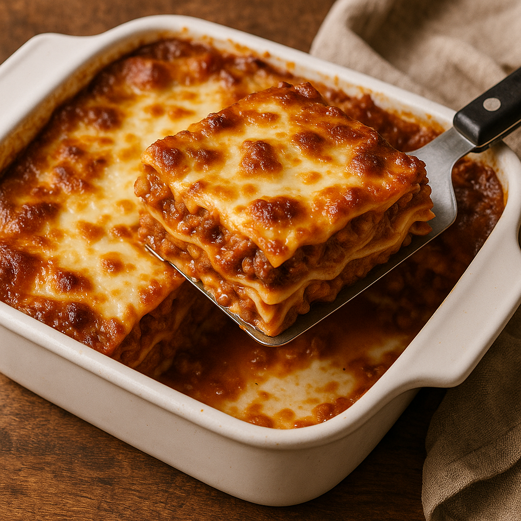 Baked cheesy beef lasagna slice lifted from a casserole dish, showing layers of pasta, meat sauce, and melted cheese.
