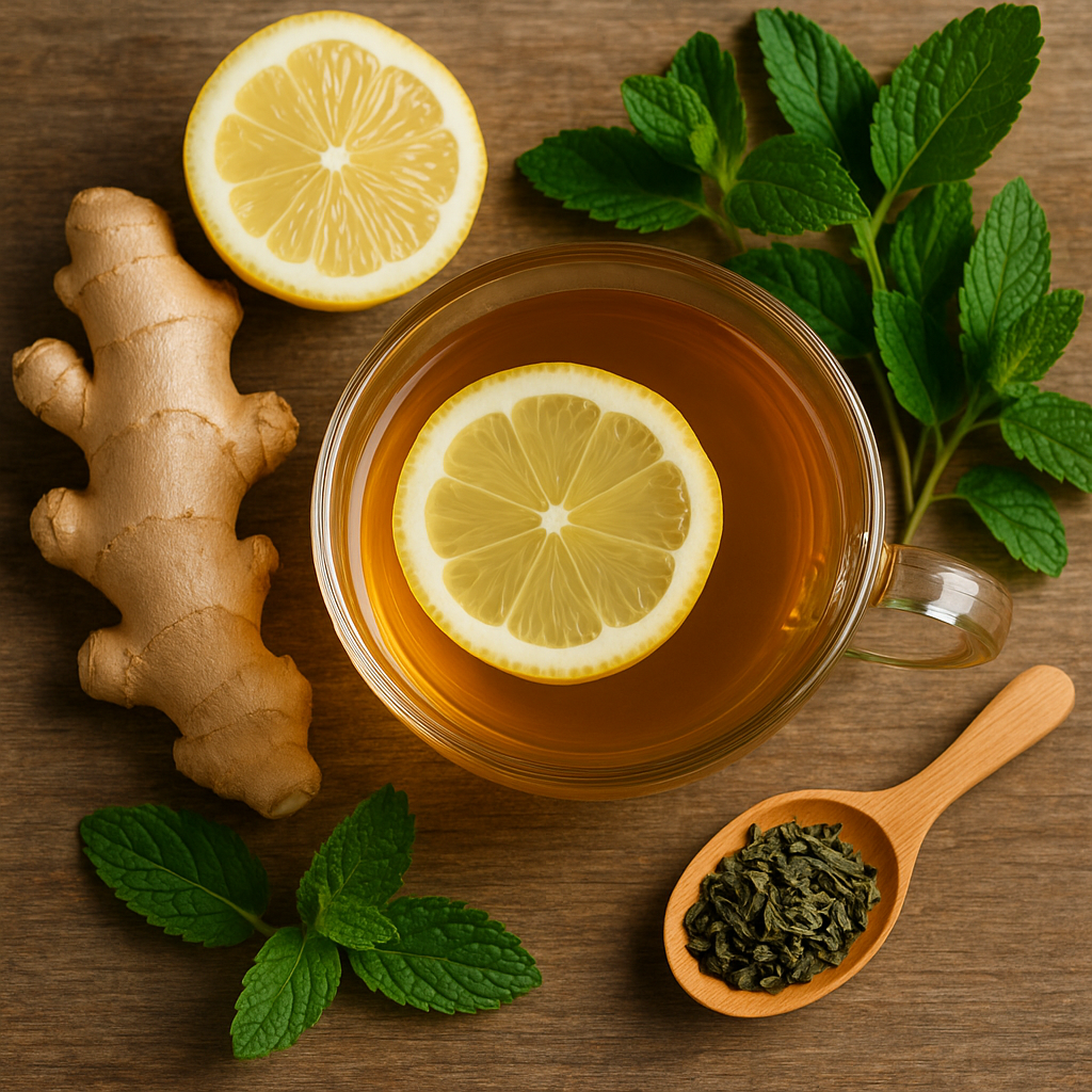 Glass cup of ginger lemon mint tea with fresh ginger root, lemon slices, mint leaves, and green tea on wooden surface.