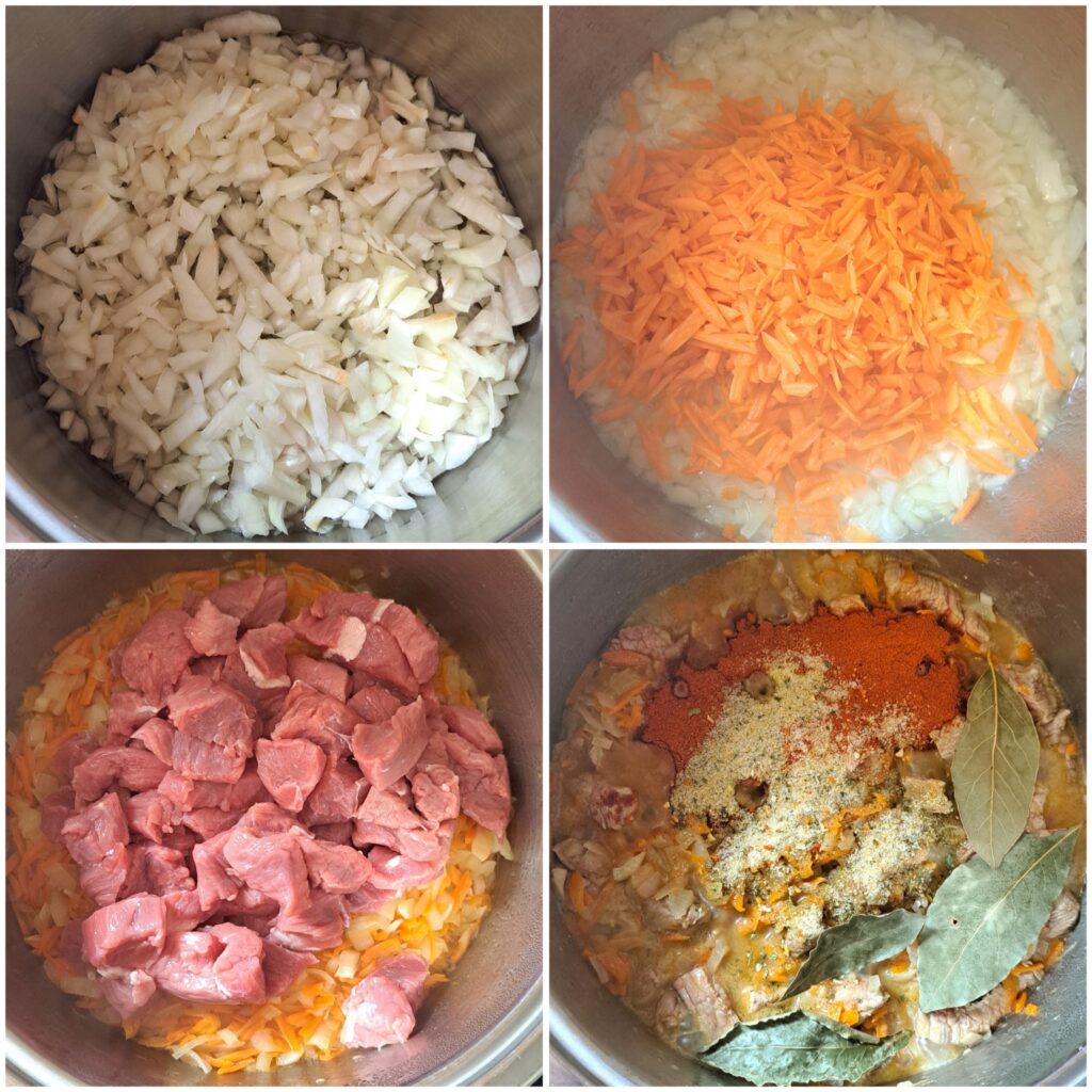 Four stages of preparing Beef Goulash Recipe: sautéing onions, adding carrots, adding beef, and adding spices.