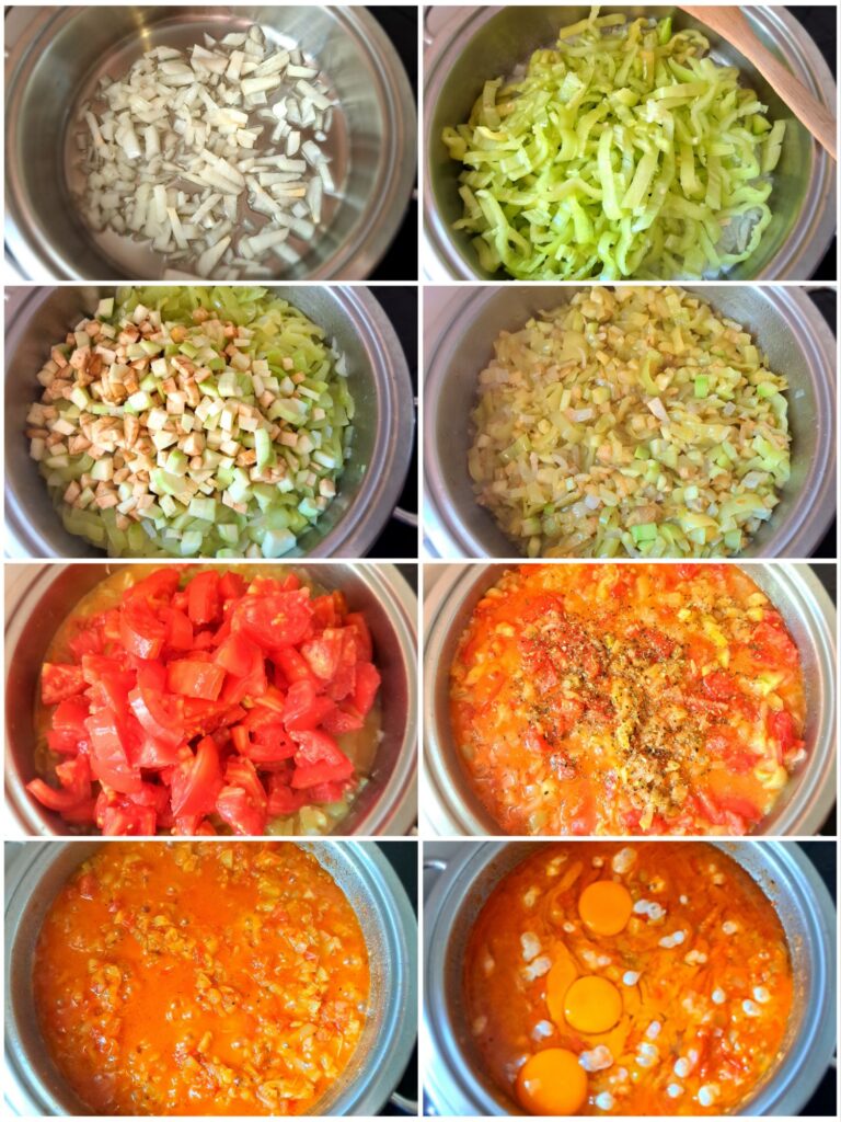 Multiple images combined showing onions, peppers, zucchini, eggplant, tomatoes, and eggs cooking in sequence in the pan.
