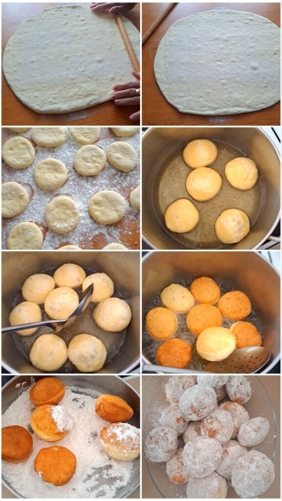 Step-by-step preparation of Vanilla Sugar Donuts: rolling dough, cutting circles, frying, coating with powdered sugar and vanilla.