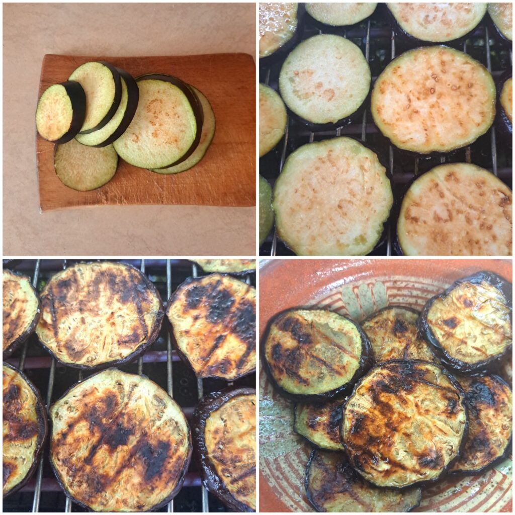 Collage showing eggplant being sliced, seasoned, and grilled for the salad.