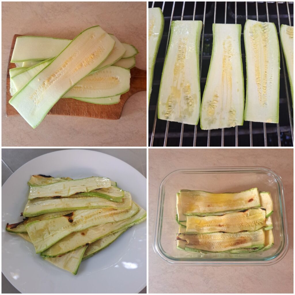 Collage showing zucchini cut into strips, grilled, and marinated for the rolls.