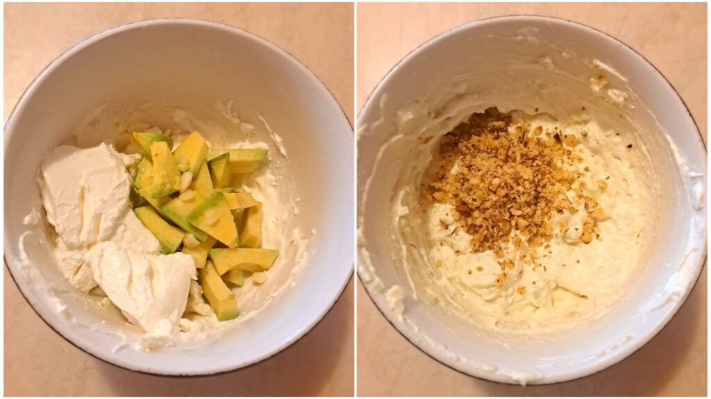 Two-step collage with avocado, cream cheese, walnuts, and garlic blended into a creamy filling.