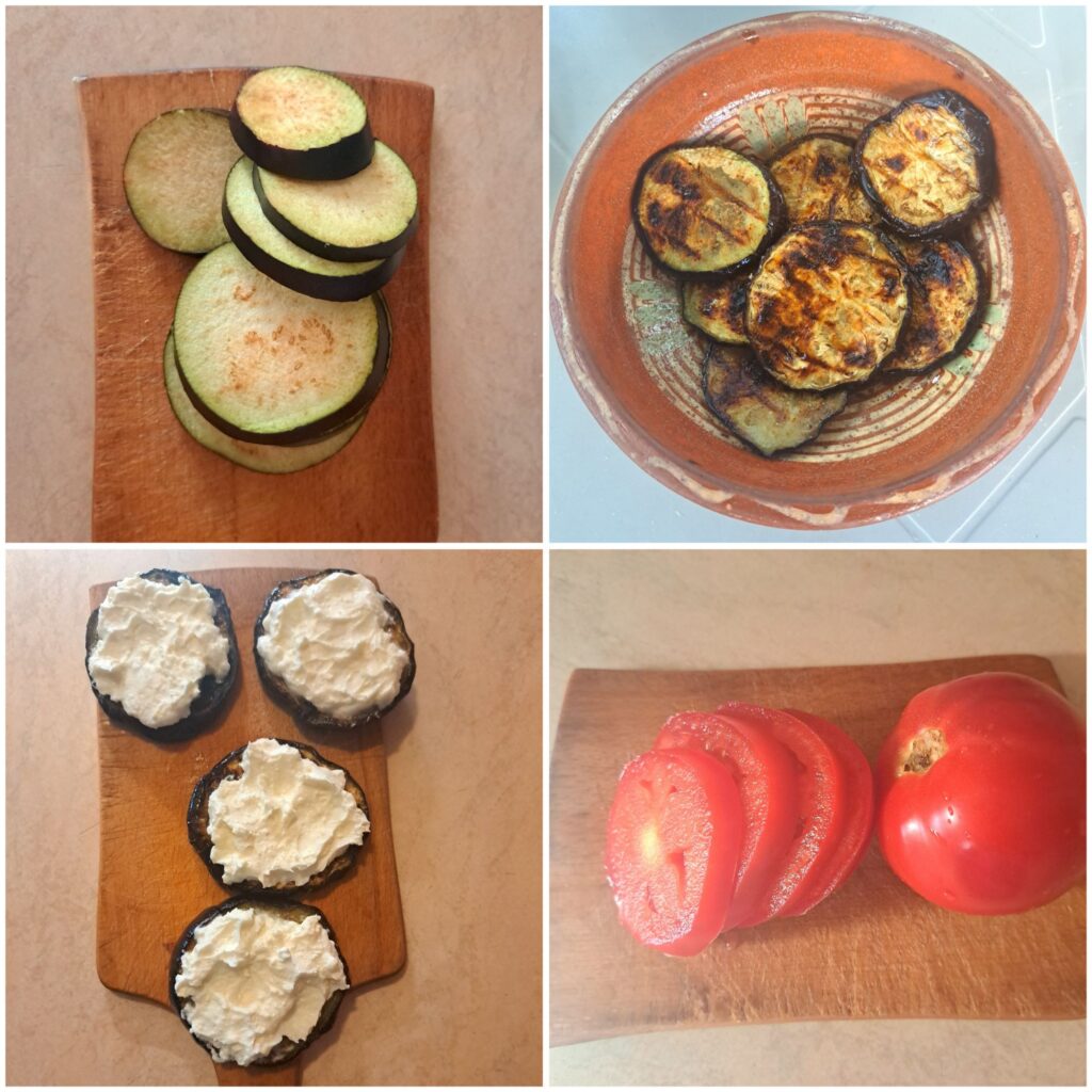 Collage showing eggplant sliced, grilled, spread with ricotta cheese, and tomato slices ready for stacking.