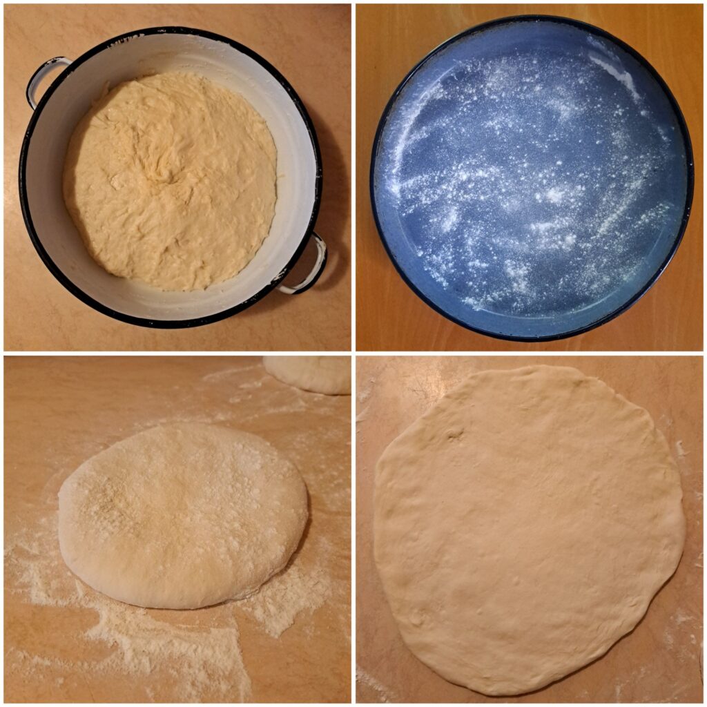 Four-step process showing pizza dough: in bowl, on counter, floured pan, and stretched for baking.
