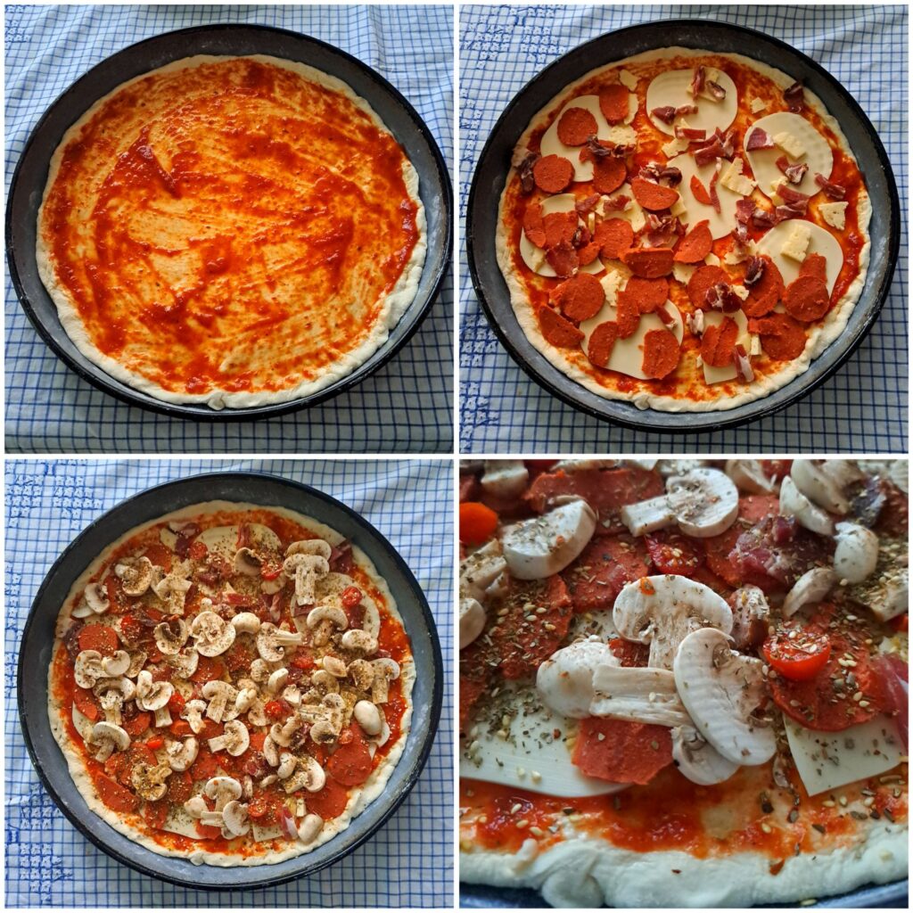 Four-step collage showing pizza assembly: cheese, sujuk, prosciutto, mushrooms, cherry tomatoes, and final touches before baking.
