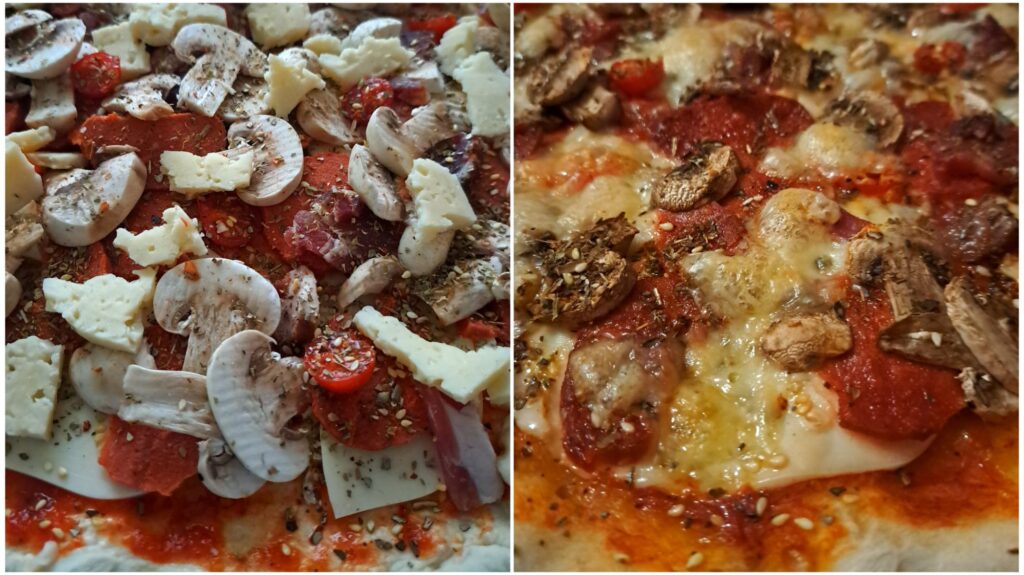 Close-up collage showing beef homemade pizza before baking and after golden cheese and crust developed.