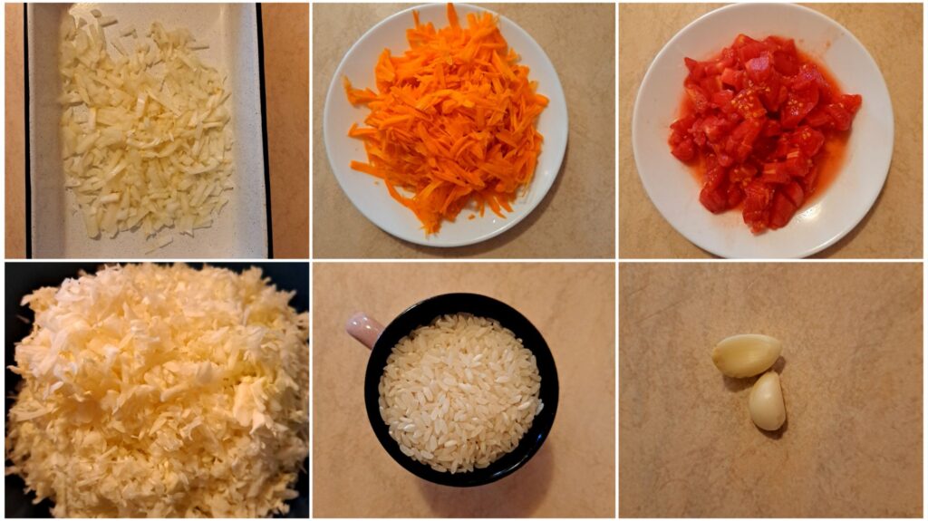 Onions, grated carrots, grated cabbage, chopped tomatoes, peeled garlic, and rice displayed together before cooking.