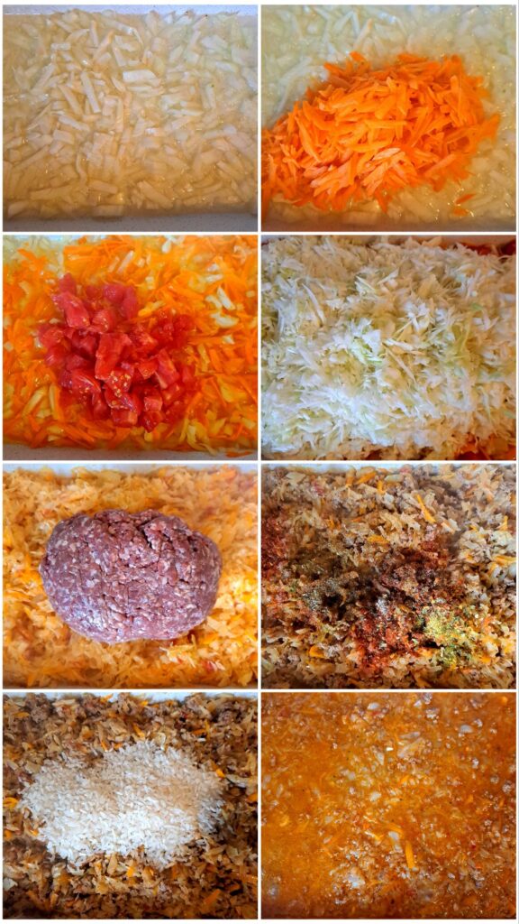 Onions, carrots, tomatoes, cabbage, ground beef, and spices cooking together in an ovenproof pan before baking.