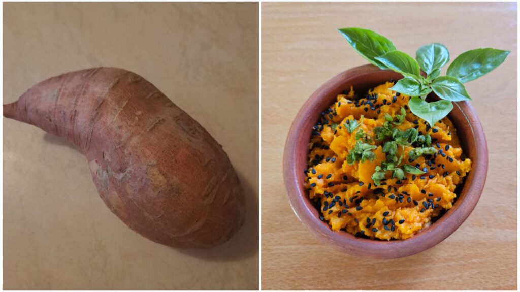 Whole sweet potato and the served mash with black sesame, microgreens, and basil leaves, showing the transformation.