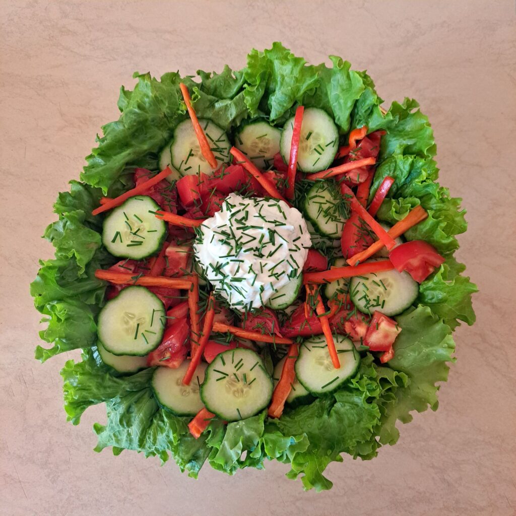 Overhead view of creamy yogurt garden salad in a bowl, with lettuce, cucumber, tomatoes, red pepper, and chives.