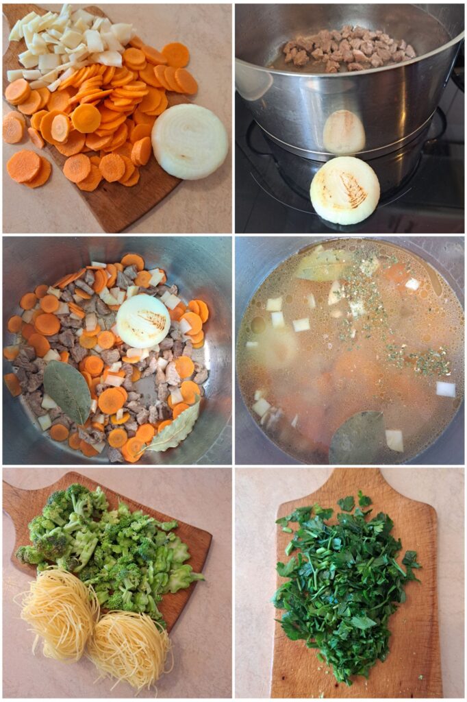 Several stages of preparing Pork Vegetable Noodle Soup combined in one image, showing key steps from raw ingredients to cooked soup.
