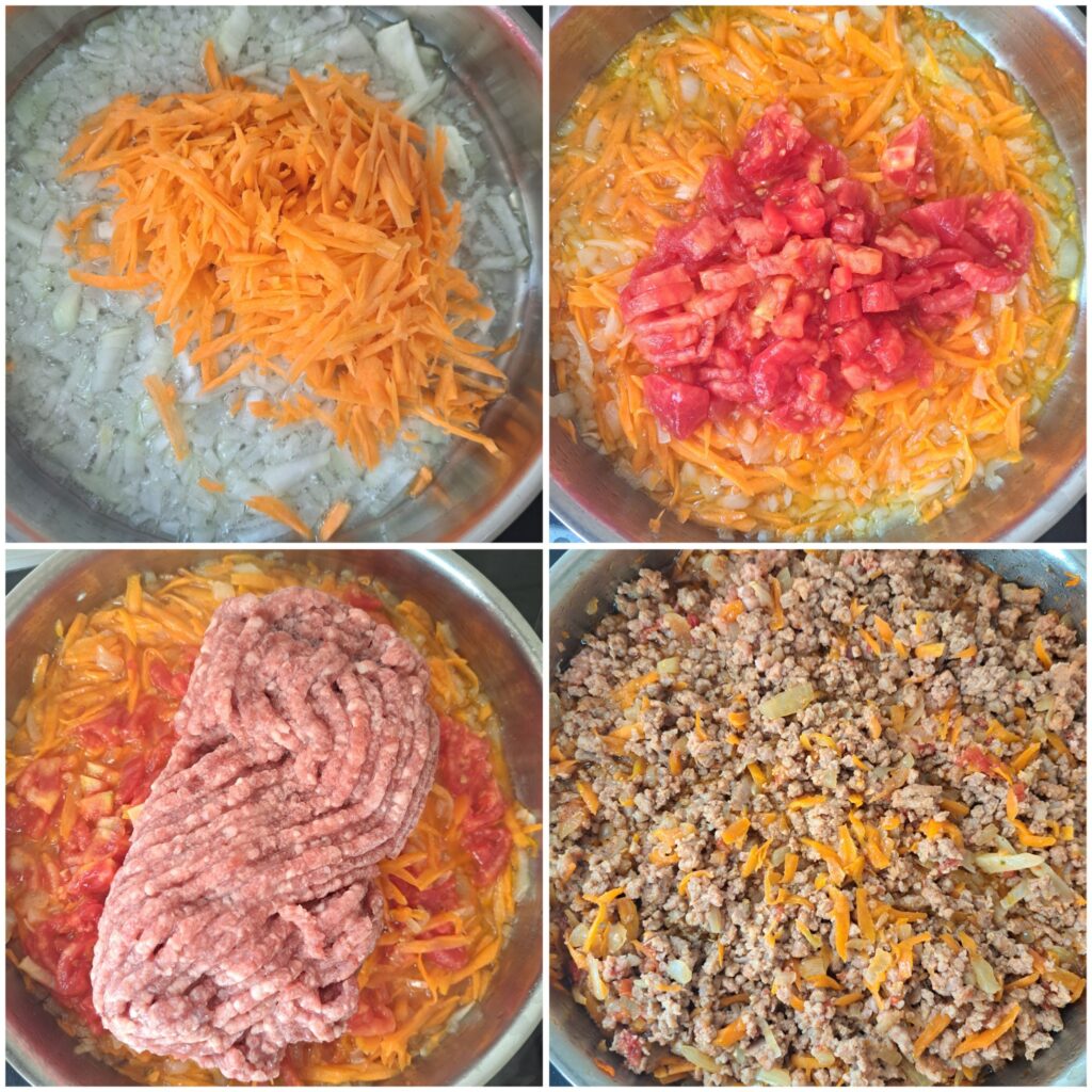 Collage showing onion, carrot, tomato, and meat being cooked together for the moussaka filling.