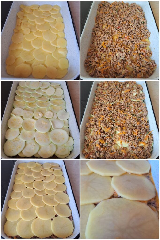 Collage showing thin potato and zucchini slices layered with meat filling in the baking dish.