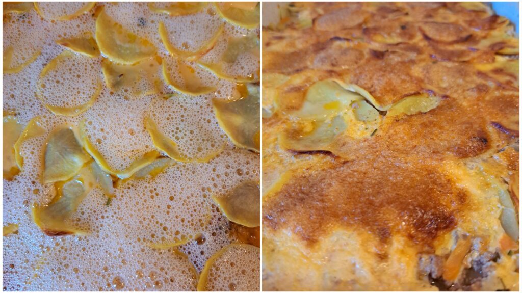 Two-image collage showing eggs being poured over partially baked moussaka and the finished baked dish.