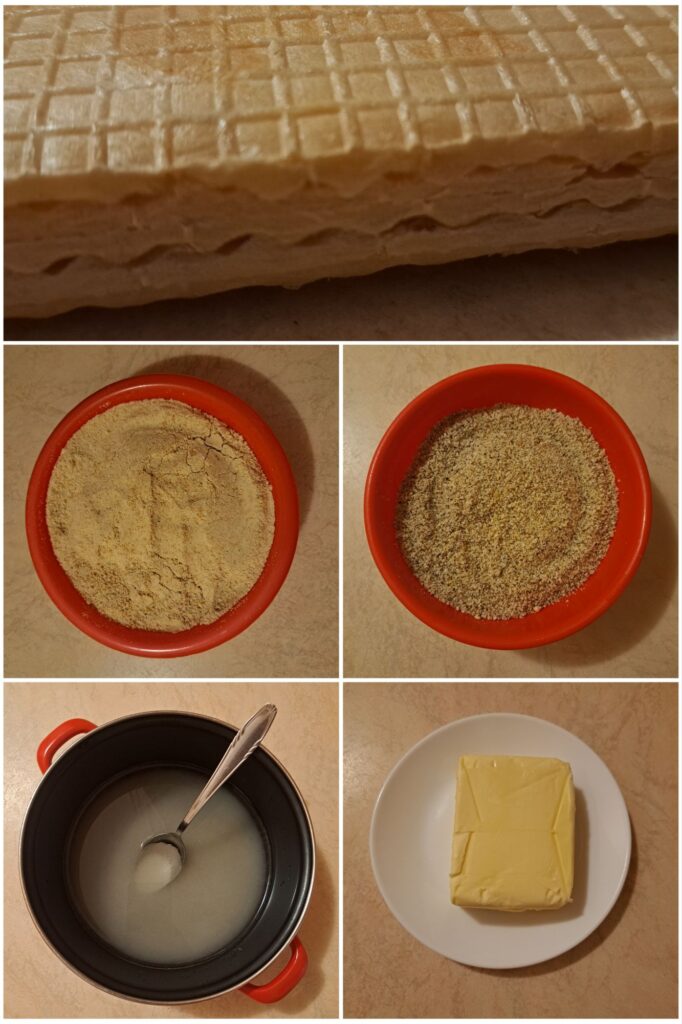 Wafer sheets, sugar, water, ground biscuits, ground walnuts, and butter for Walnut Biscuit Wafer Cakes.