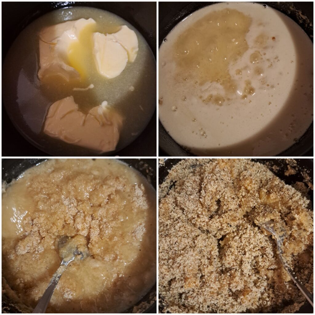 Wafer cake filling ingredients in saucepan with sugar, water, butter, ground biscuits, walnuts, and cocoa.