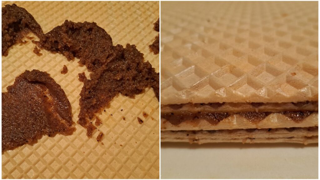 Layering wafer sheets with walnut biscuit filling step by step.