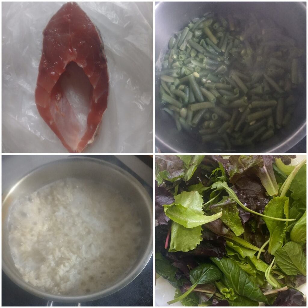 Preparation steps with carp, rice, green beans, and fresh salad.