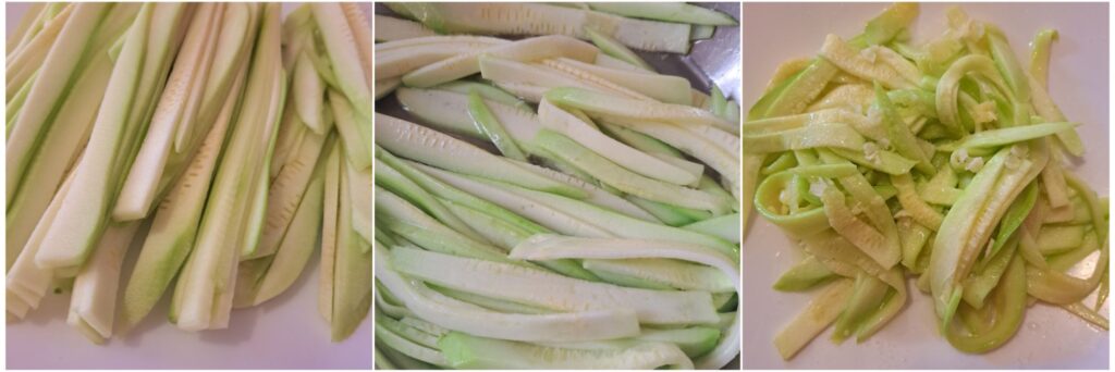 Stages of zucchini preparation: sliced into thin strips, frying in a pan, and placed on a plate to cool.