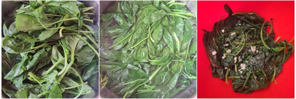 Stages of spinach preparation: before blanching, blanched, and ready with garlic and olive oil.