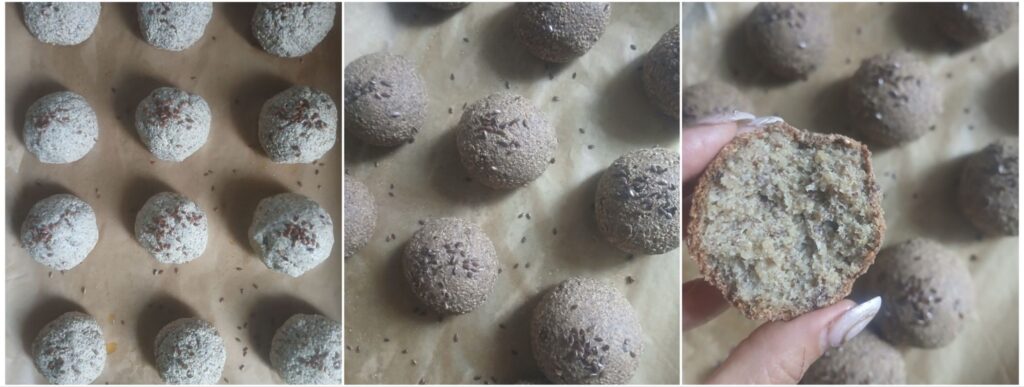 Mini Quinoa Breads with Chia on a baking tray, baked breads, and one halved bread showing the inside.