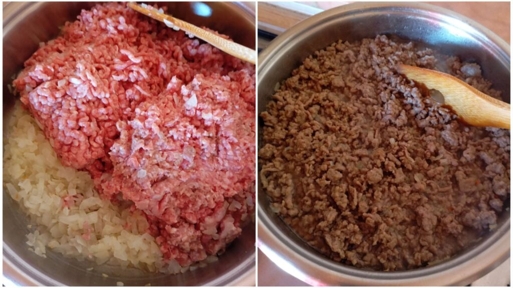 Two images showing ground meat and onion cooking in a pan at the beginning and after 15 minutes.